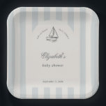 Baby On Board Elegant Blue Sailboat Baby Shower Paper Plate<br><div class="desc">Featuring soft blue stripes in the background and a delicate hand-drawn sailboat at the top, this design exudes charm and sophistication. Perfect for celebrating the arrival of a sweet baby boy, it combines nautical whimsy with elegant touches to create a timeless, memorable invite. Please get in touch with us for...</div>