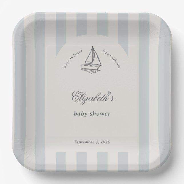 Baby On Board Elegant Blue Sailboat Baby Shower Paper Plate (Front)
