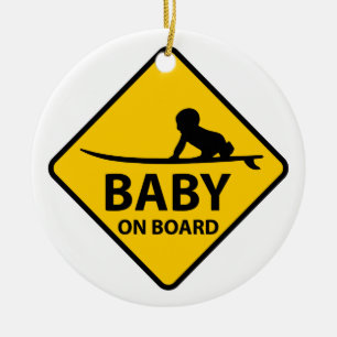 Baby on Board funny baby design with surf board Ceramic Tree Decoration