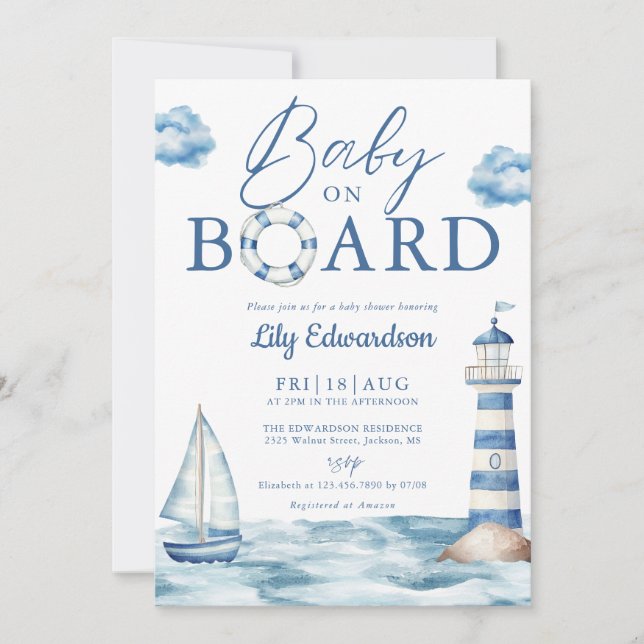 Baby On Board Nautical Baby Shower All In One Invitation (Front)