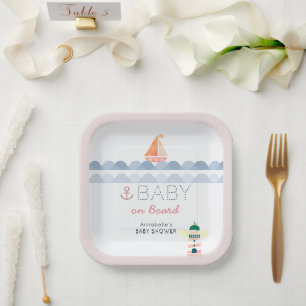 Baby on Board Nautical Pink Girl Baby Shower Paper Plate
