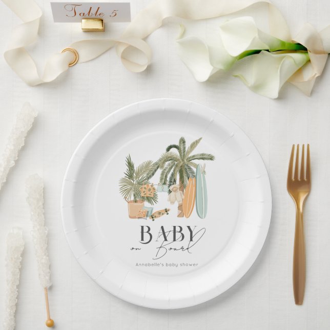 Baby on Board Palm Tree Surfboard Baby Shower Paper Plate (Wedding)