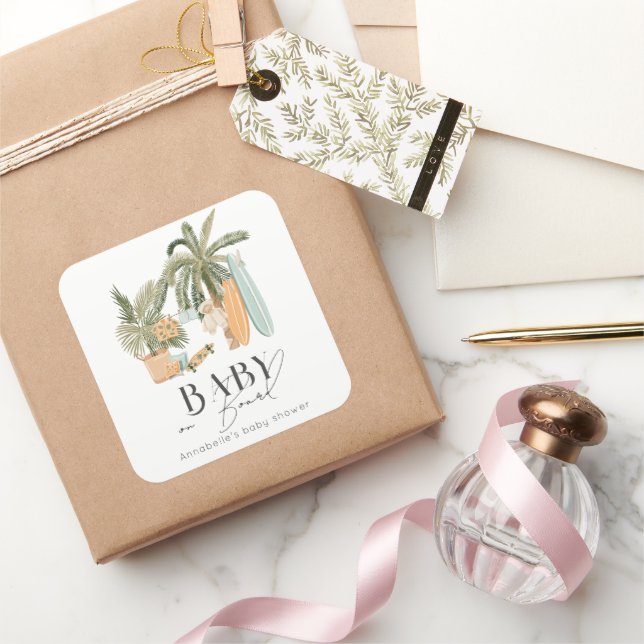 Baby on Board Palm Tree Surfboard Baby Shower Square Sticker (Gifting)