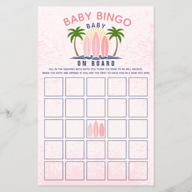 Baby on board pink girl baby shower Bingo game Flyer (Front)