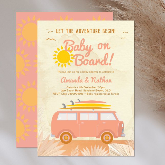 Baby on board pink girl surfboard baby shower invitation (Creator Uploaded)