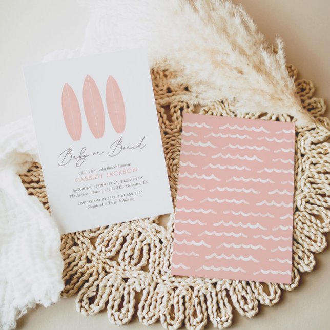 Baby on Board Pink Surfboard Girl Baby Shower Invitation (Creator Uploaded)