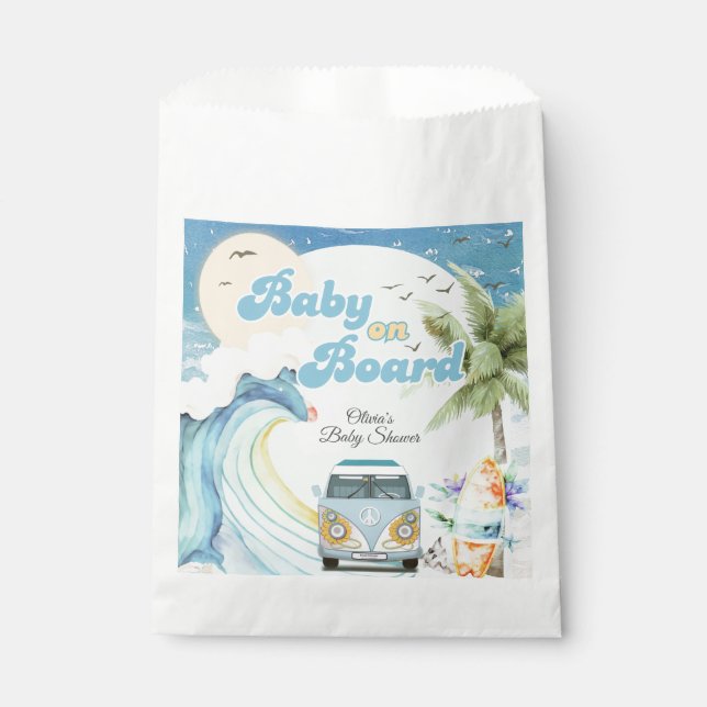 Baby on Board Retro Surfing Beach Baby Shower Favour Bags (Front)