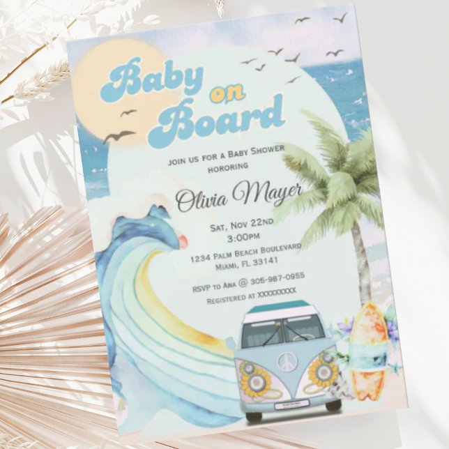 Baby on Board Retro Surfing Beach Baby Shower Invitation (Creator Uploaded)