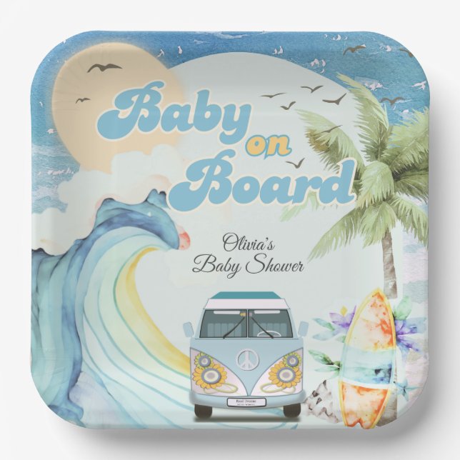 Baby on Board Retro Surfing Beach Baby Shower Paper Plate (Front)
