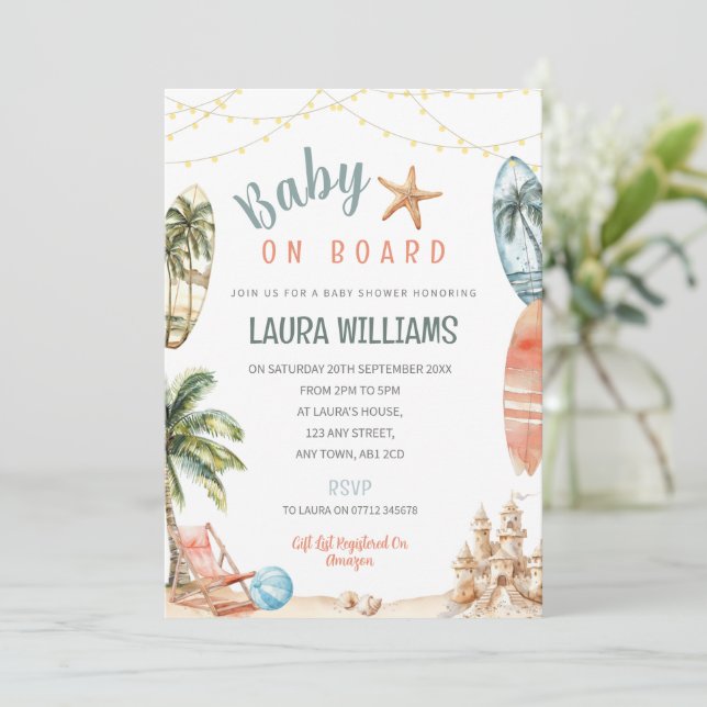 Baby On Board Shower Invite Beach Surfing Theme (Standing Front)