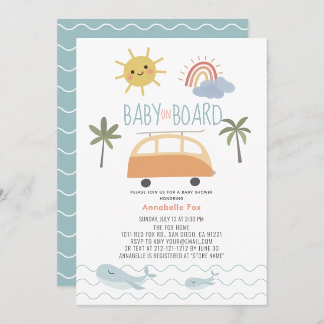 Baby on Board Sunshine Rainbow Van Baby Shower Invitation (Front/Back)