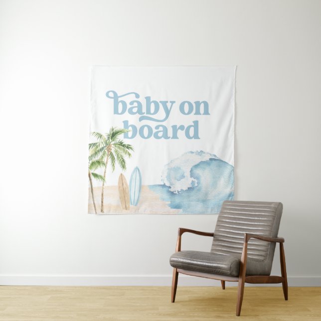 Baby on Board Surf Baby Baby Shower Backdrop Tapestry (In Situ)