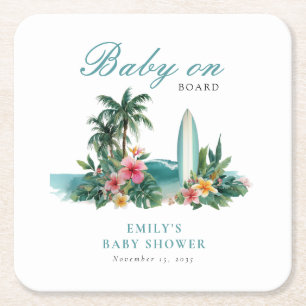 Baby On Board Surf Beach Baby Shower Square Paper Coaster