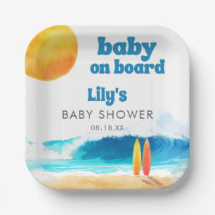 Baby on Board Surf Beach Baby Shower Watercolor Paper Plate