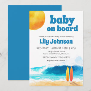 Baby on Board Surf Beach Watercolor Baby Shower Invitation