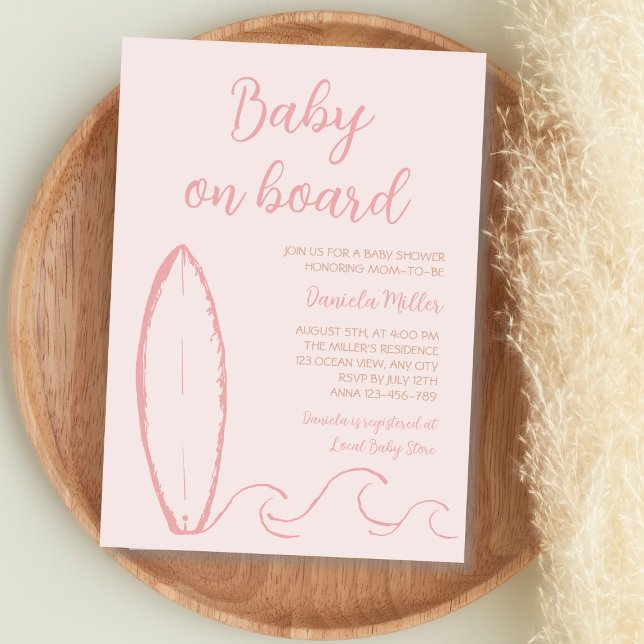 Baby On Board Surf Hand Drawn Baby Girl Shower Invitation (Baby On Board Surf Hand Drawn Baby Girl Shower Invitation)