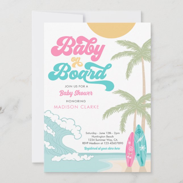 Baby on Board Surfboard Beach Retro Baby Shower Invitation (Front)