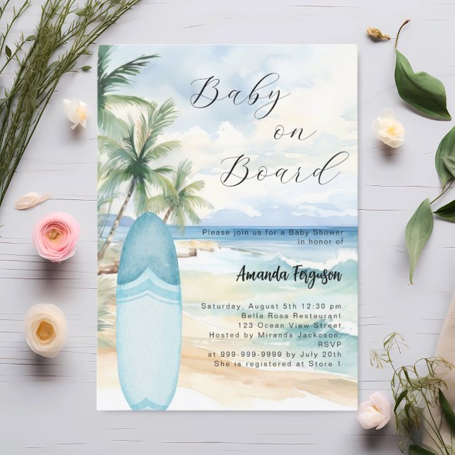 Baby on Board surfboard blue boy beach Baby Shower Invitation (Creator Uploaded)