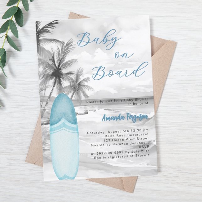 Baby on Board surfboard blue boy retro Baby Shower Invitation (Creator Uploaded)