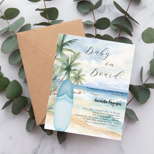 Baby on Board surfboard boy Baby Shower invitation (Creator Uploaded)