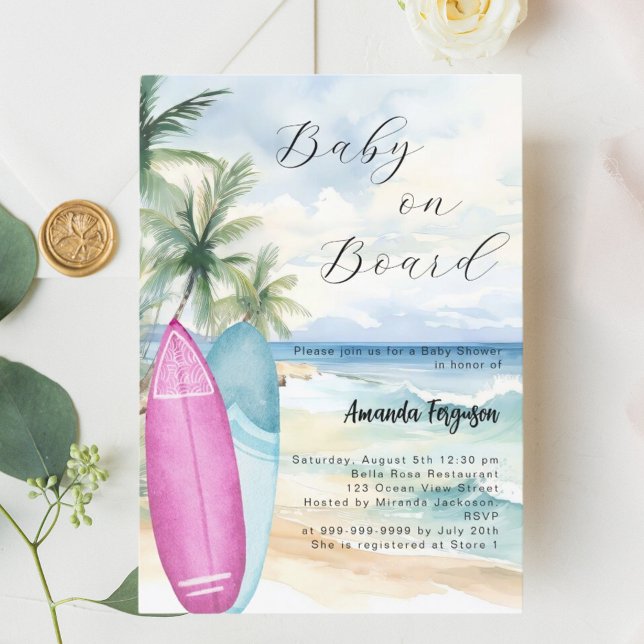 Baby on Board surfboard girl boy beach Baby Shower Invitation (Creator Uploaded)