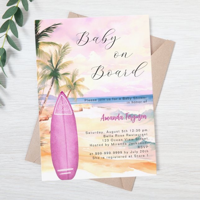 Baby on Board surfboard pink girl Baby Shower Invitation (Creator Uploaded)