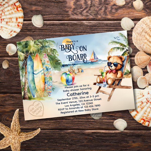 Baby On Board Surfboard Teddy Bear Baby Shower Invitation (Creator Uploaded)