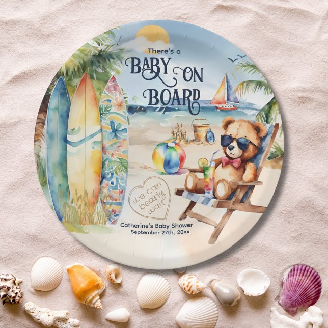 Baby On Board Surfboard Teddy Bear Baby Shower Paper Plate (Creator Uploaded)