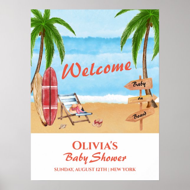Baby On Board Surfing Baby Shower Welcome Poster (Front)