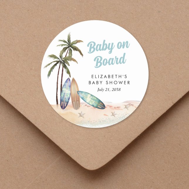 Baby On Board Surfing Beach Baby Shower Classic Round Sticker (Creator Uploaded)