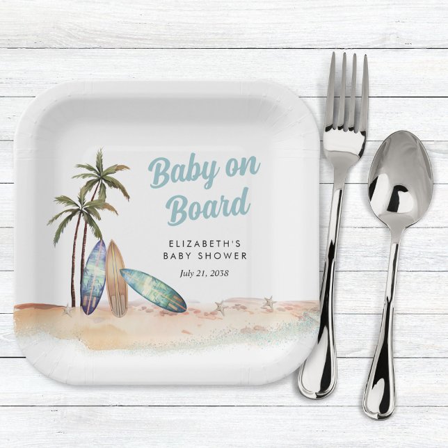 Baby On Board Surfing Beach Baby Shower Paper Plate (Creator Uploaded)
