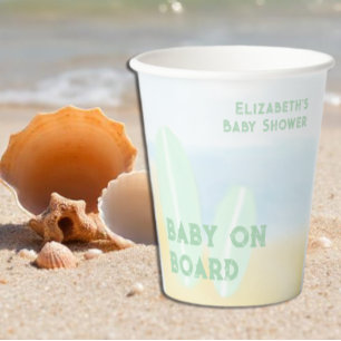 Baby On Board Surfing Beach Watercolor Baby Shower Paper Cups