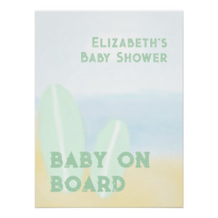 Baby On Board Surfing Beach Watercolor Baby Shower Poster