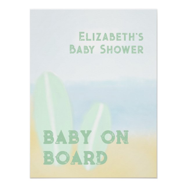 Baby On Board Surfing Beach Watercolor Baby Shower Poster (Front)
