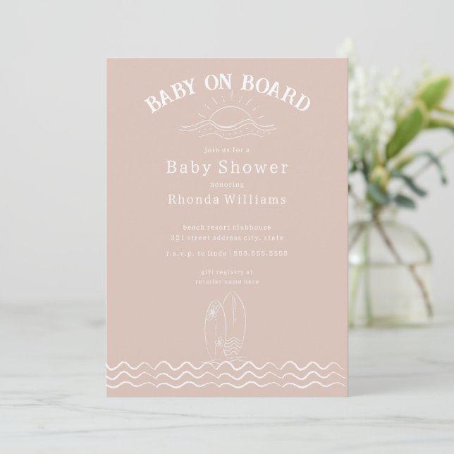 Baby On Board Surfing Green Beach Baby Shower Invitation (Standing Front)