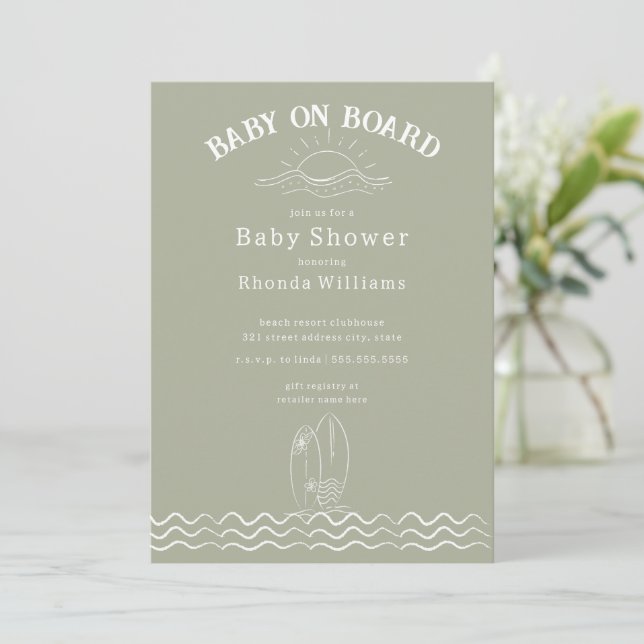 Baby On Board Surfing Green Beach Baby Shower Invitation (Standing Front)