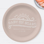 Baby On Board Surfing Pink Baby Shower Paper Plate<br><div class="desc">A girl baby shower "baby on board" theme featuring white line art with sun,  and waves.   White text.  Background is pink.</div>