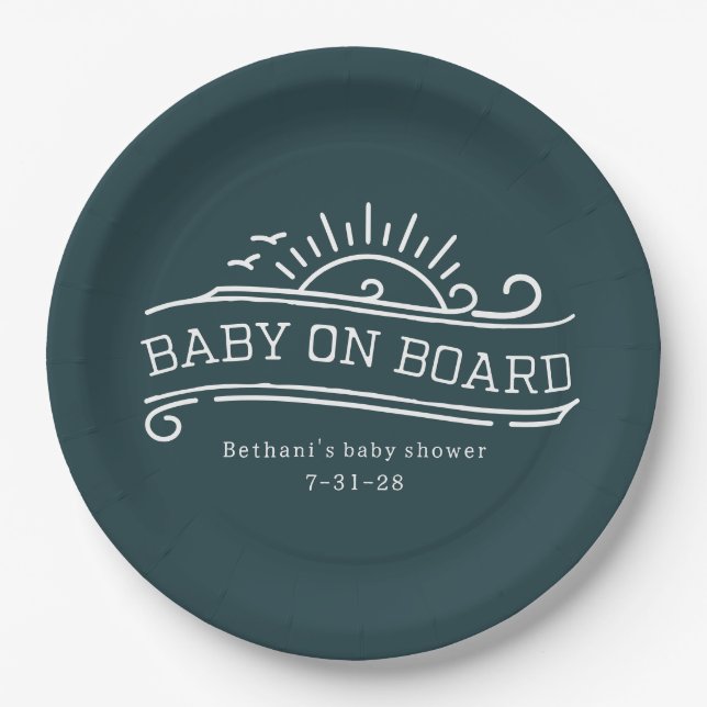 Baby On Board Surfing Slate Blue Baby Shower Paper Plate (Front)