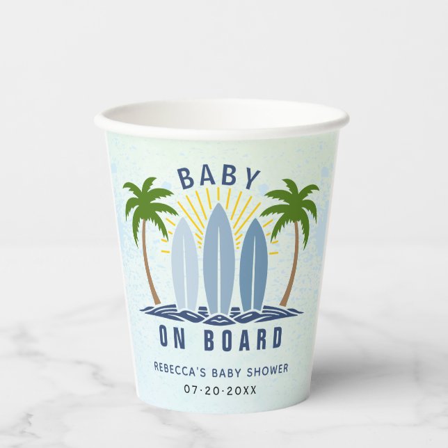 Baby on board surfing splash blue baby boy shower paper cups (Front)