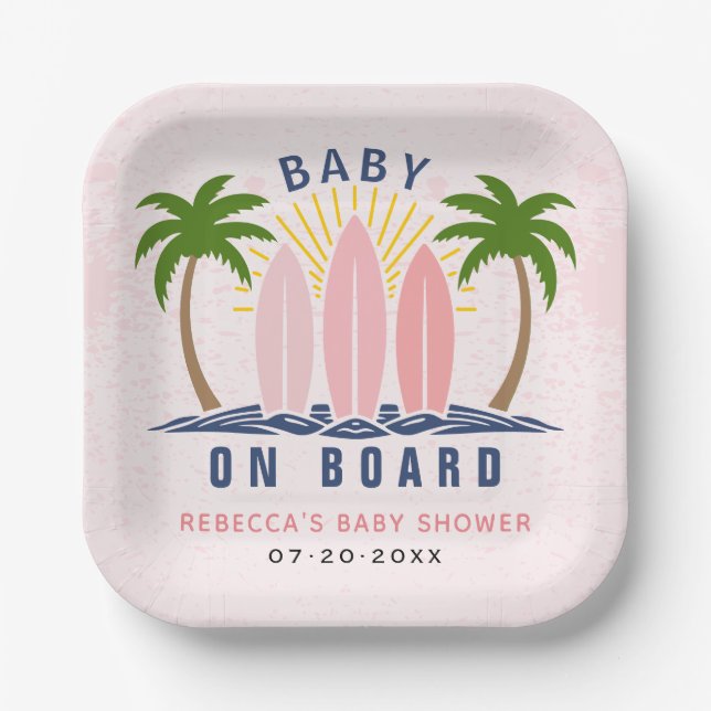 Baby on board surfing splash pink baby girl shower paper plate (Front)