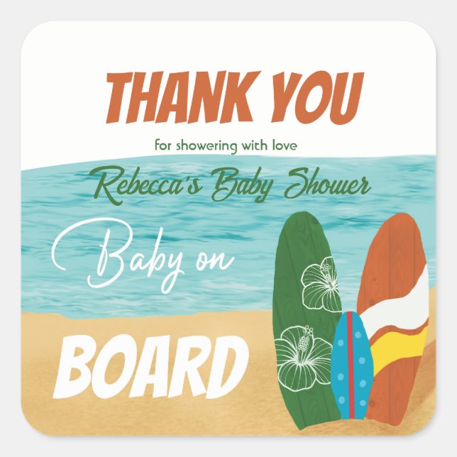 Baby on Board Surfing Tropical Beach Baby Shower Square Sticker (Front)