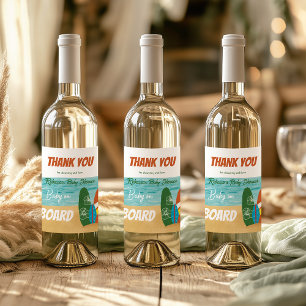 Baby on Board Surfing Tropical Beach Baby Shower Wine Label