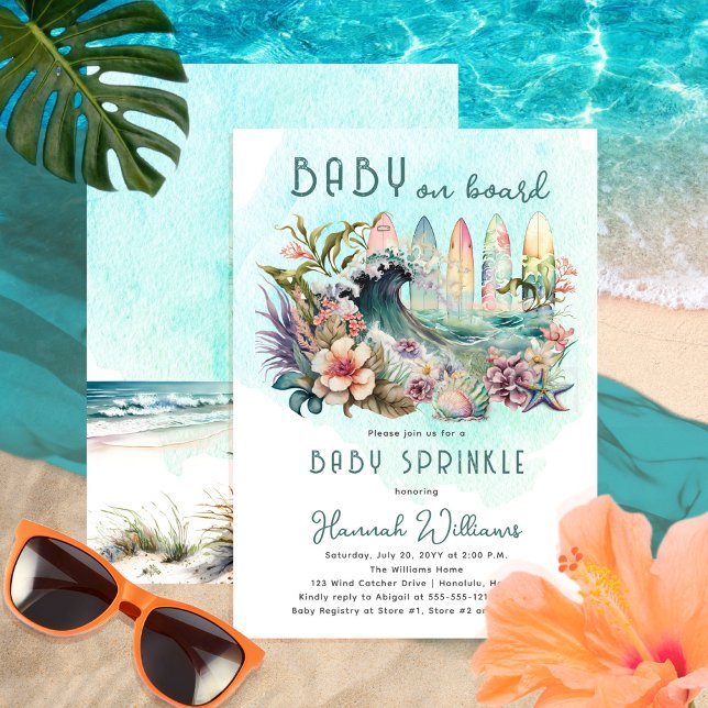 Baby on Board Tropical Surf Floral Baby Sprinkle Invitation (Creator Uploaded)