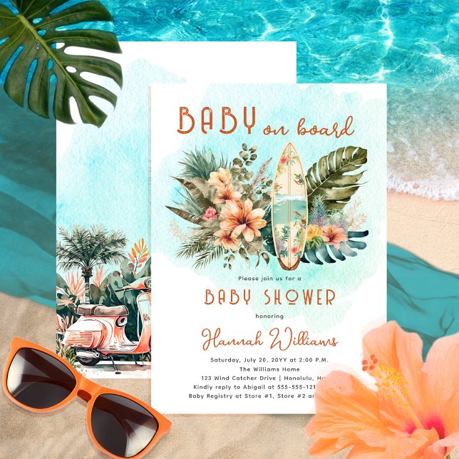 Baby on Board Tropical Surf Neutral Baby Shower Invitation (Creator Uploaded)
