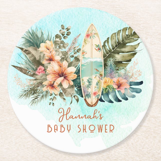 Baby on Board Tropical Surf Neutral Baby Shower Round Paper Coaster (Front)