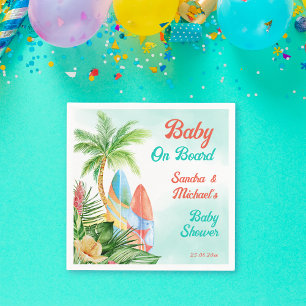 Baby on board tropical surfing baby shower custom napkin