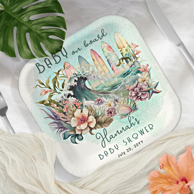 Baby on Board Tropical Surfing Floral Baby Shower Paper Plate (Creator Uploaded)