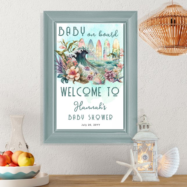 Baby on Board Tropical Surfing Floral Baby Shower Poster (Creator Uploaded)