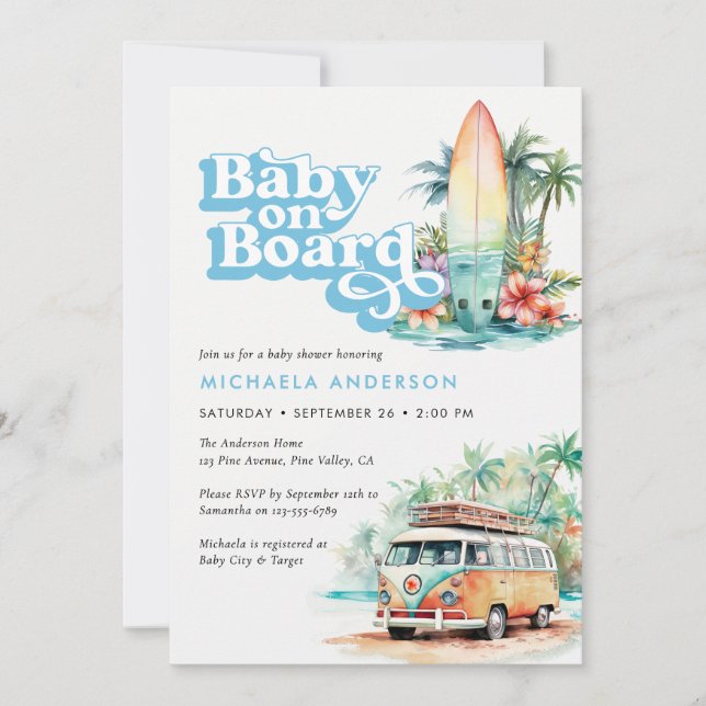 Baby On Board Watercolor Beach Surf Baby Shower Invitation (Front)