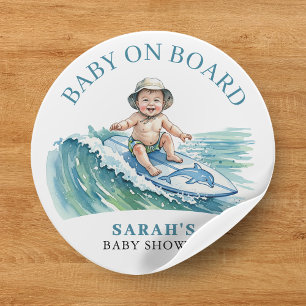 Baby on Board Watercolor Surfing Baby Shower Classic Round Sticker